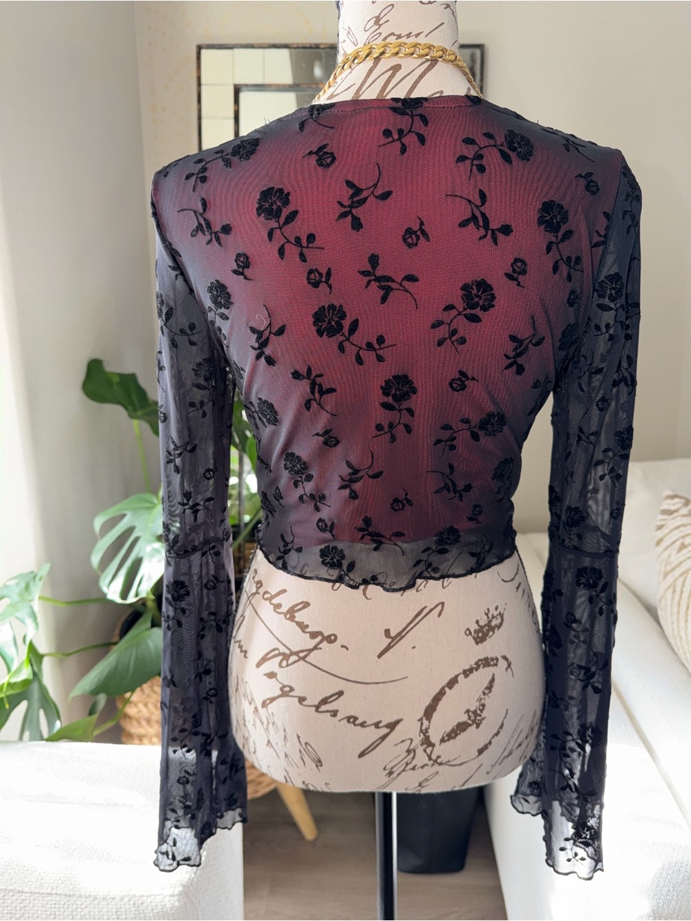 Sheer Black Floral Mesh Wrap Top with Burgundy Lining - Picture 6 of 9